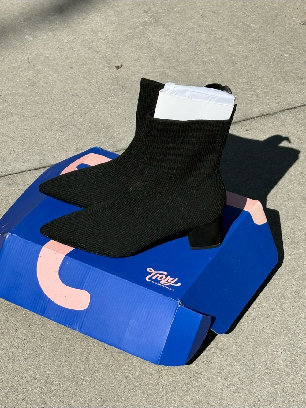 Trary Black Knit Sock Ankle Boots with Block Heel